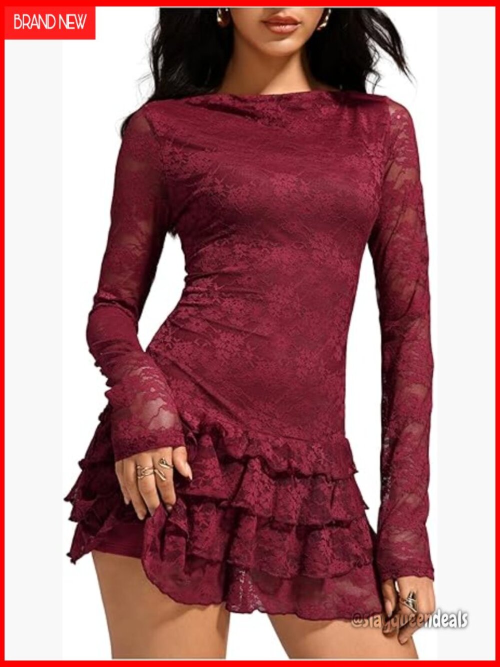 Sexy Lace See Through Ruffle Mini Dress Long Sleeve